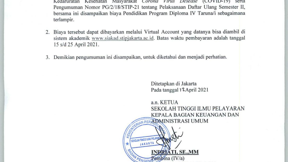 Pengumuman Pembayaran Biaya Pendidikan Diploma IV Untuk Semester II Pada STIP Jakarta Semester Genap 2020-2021